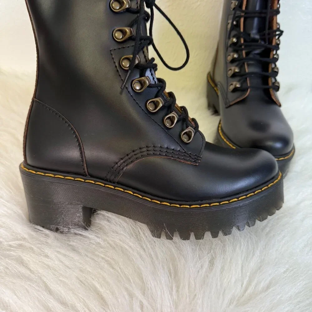Dr. Martens Leona Platform Ankle Boots Size 6 Black Smooth Leather Heeled Boots